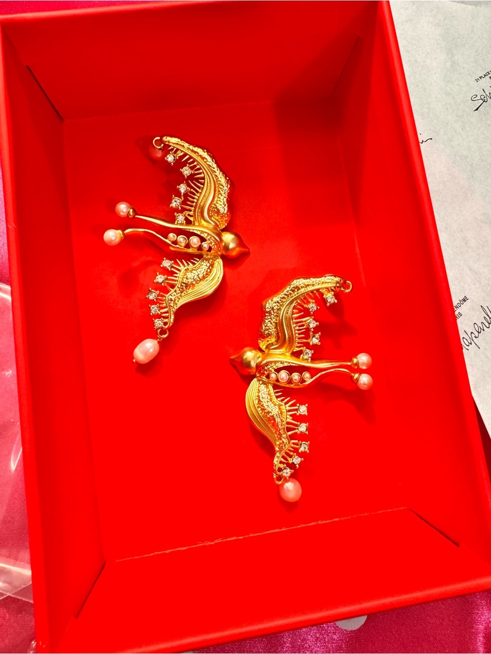 Schiaparelli inspired Elegant Gold-Tone Peacock Drop Earrings with Pearl Accents